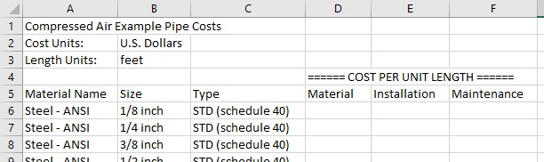 Excel sheet for importing cost definitions.
