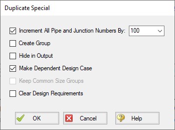 The Duplicate Special window. The Make Dependent Design Case option is selected.