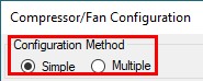 The Configuration Method section of the Compressor/fan Configuration window is indicated with a red box, with the Simple option selected.