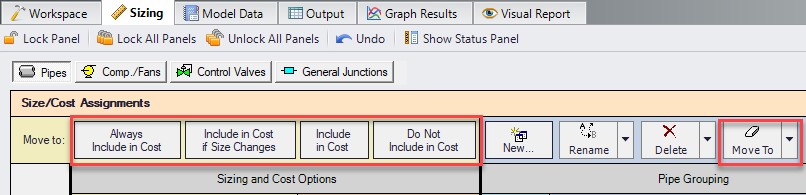 Buttons above the Sizing Assignments panel table that allows selected rows to be changed all at once.