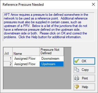An AFT Arrow error message indicating that no reference  pressure has been given for the system.