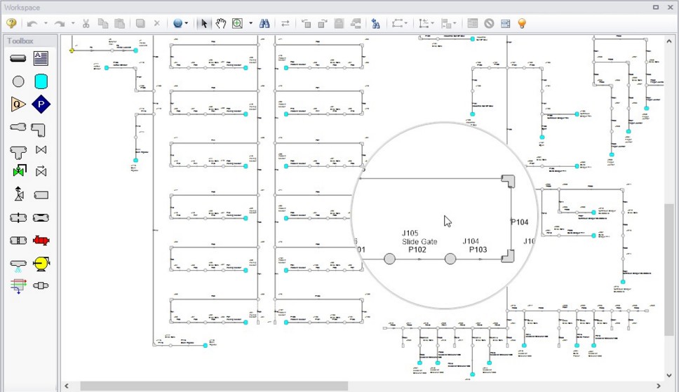 The Workspace Magnifier is shown on a complex network. This is a new feature in AFT Arrow Version 8.