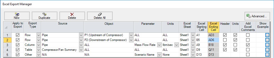 An example Excel Export Manager window is shown.