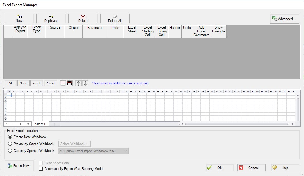 The Excel Export Manager window is displayed.