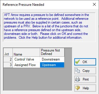 The Reference Pressure Needed window. Pressure is not defined for a control valve and an assigned flow junction.