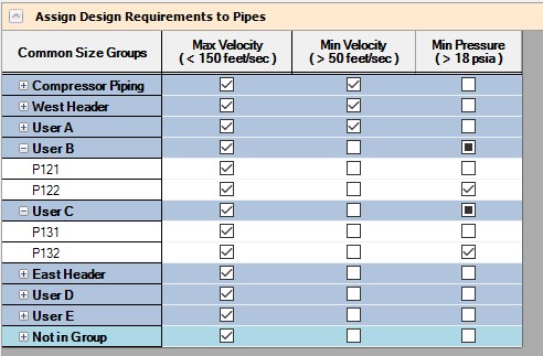 The Assign Design Requirements to Pipes panel that shows design requirements applied to pipes.