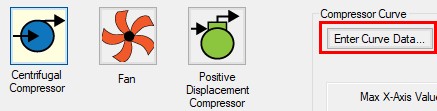 The Enter Curve Data... button is indicated with a red square on the Compressor/Fan Properties window.