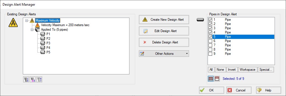 The Design Alert Manager showing a fully defined design alert.