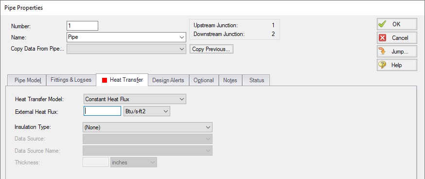 The Heat Transfer Tab in the Pipe Properties window. Constant Heat Flux is selected as the Heat Transfer Model.