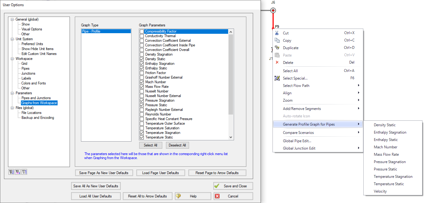 The Graphs from Workspace panel of the User Options allows customization of the right-click context menu for generating graphs directly from the Workspace