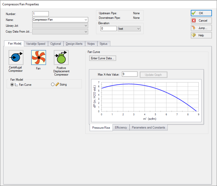 The Compressor/Fan Properties window is displayed with the Centrifugal Compressor Option selected and a fully defined Compressor Curve.