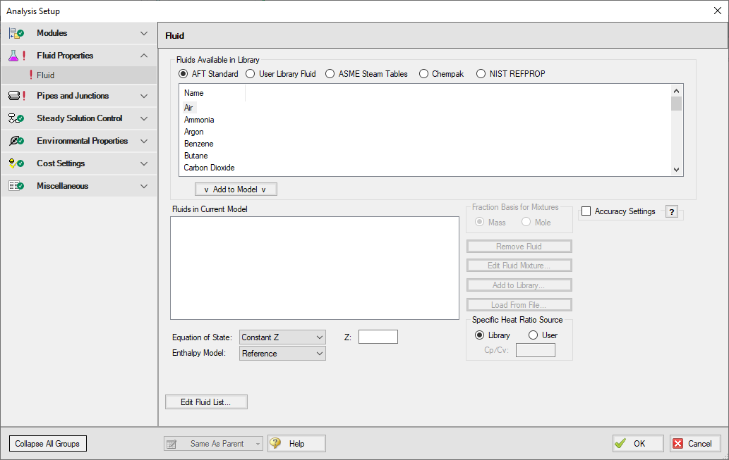 The fluid panel of the Analysis Setup window allows you to define the Fluids present in a model.