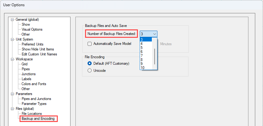 The number of backup files created and options to save automatically can be customized in User Options