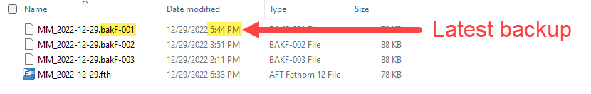 The newest backup file, identifiable by file extension numbering and date modified