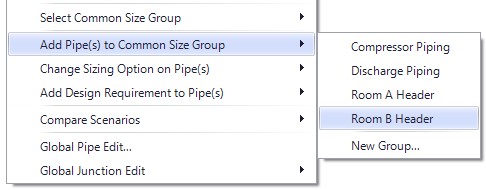 The Add Pipe(s) to Common Size Group options accessed by right clicking on the workspace.