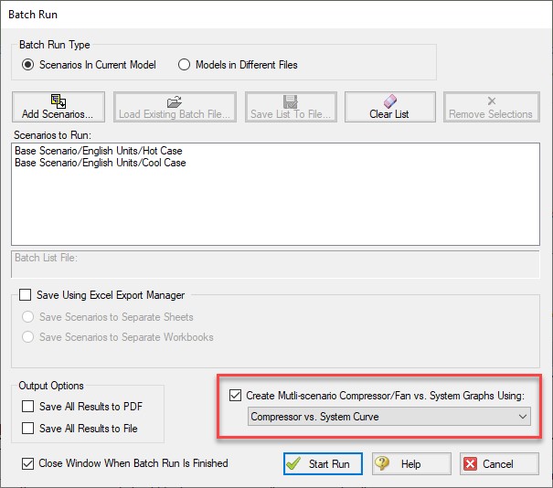 The Batch Run window is displayed with the Create Multi-Scenario Compressor/Fan vs. System Graphs Using: option both indicated with a red square and selected.