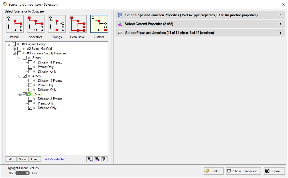 Scenario Comparison window with options to modify the comparison.