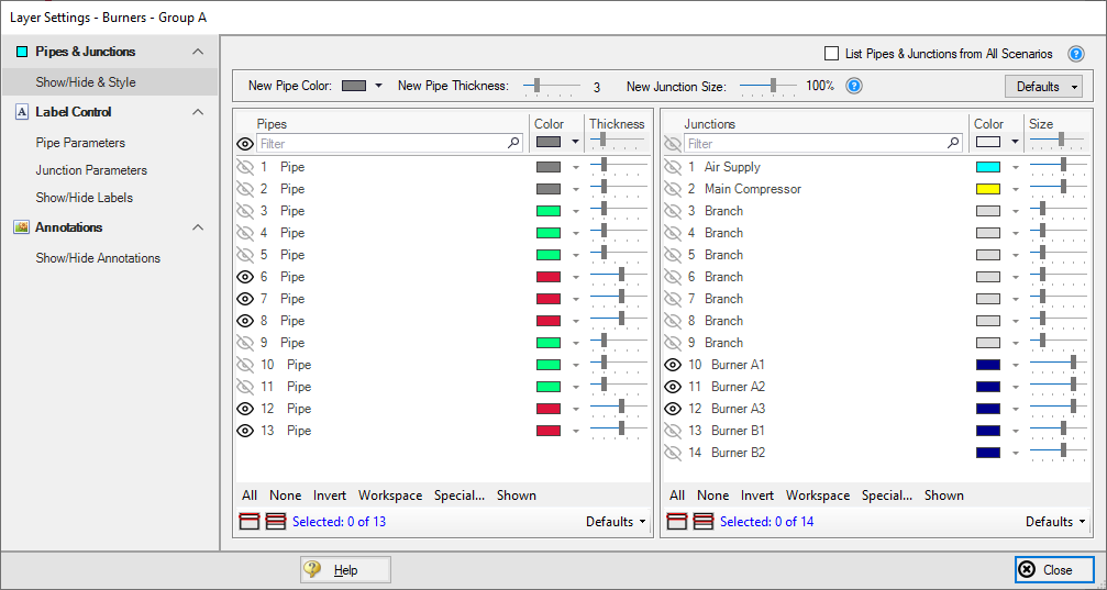 A screenshot displays the panel area of the Show/Hide & Style item within the Pipes & Junctions group