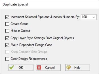 The Duplicate Special window. The Make Dependent Design Case option is selected.