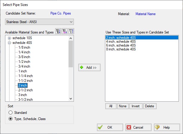 The Select Pipe Sizes window with pipe material Steel - ANSI and sizes 1 inch to 12 inch added to the Candidate Set.