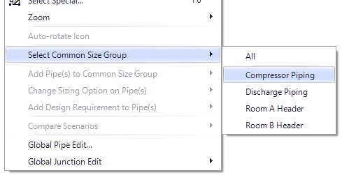 The Select Common Size Group options accessed by right clicking on the workspace.