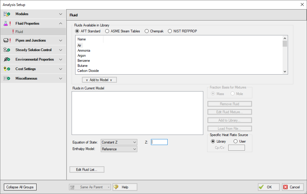 The fluid panel of the Analysis Setup window allows you to define the Fluids present in a model.