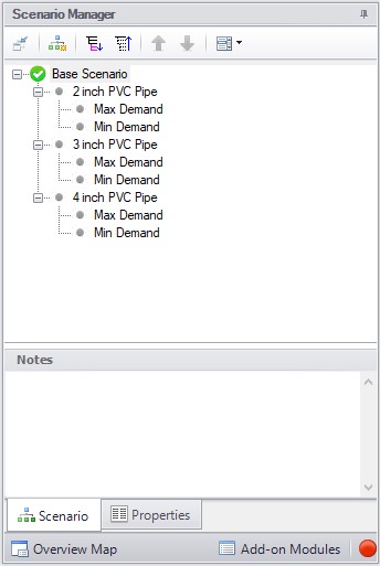 The Scenario Manager Window with different child scenarios defined for 3 inch pipe, 3.5 inch pipe, and 4 inch pipe. 