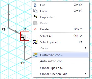 A bend on an isometric grid connecting two pipes. The bend has been right clicked, showing the Customize Icon option.