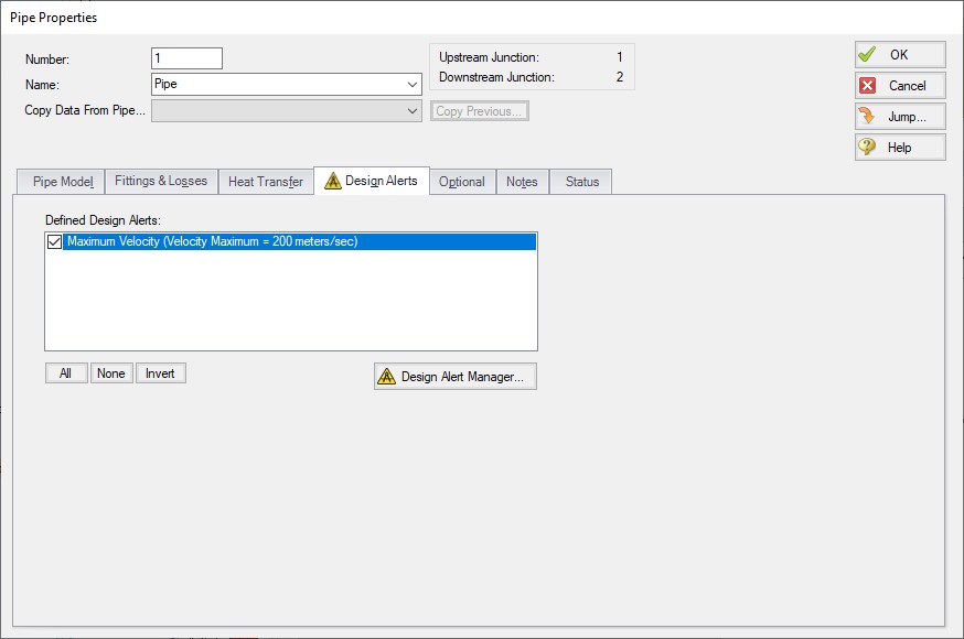 The Design Alerts tab in the Pipe Properties window. This shows a design alert being applied to a pipe.