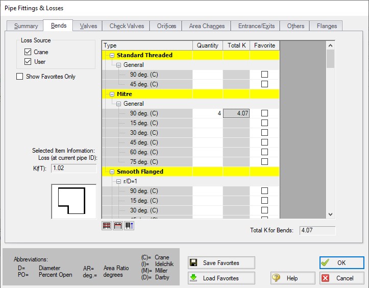 The Bends tab of the Pipe Fittings & Losses window.