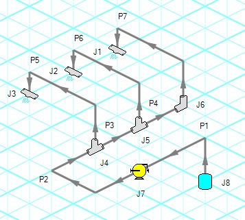 A spray discharge model drawn in the isometric pipe drawing mode.