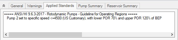 Message in Applied Standards tab of Output window. Message reads "Ansi/HI 9.6.3-2017 - Rotodynamic Pumps - Guideline for Operating Regions. Pump 2 set to specific speed <=4500 (US Customary), with lower POR 70% and upper POR 120% of BEP"