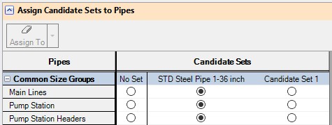 The Assign Candidate Sets to Pipes panel. Each pipe is assigned to the "STD Steel Pipe 1-36 inch" Candidate Set.