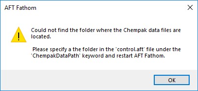 A warning that AFT Fathom could not find the folder where the Chempak data files are located,