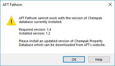 A warning that AFT Fathom cannot work with the version of Chempak database currently installed.