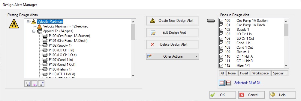 The Design Alert Manager showing a fully defined design alert.