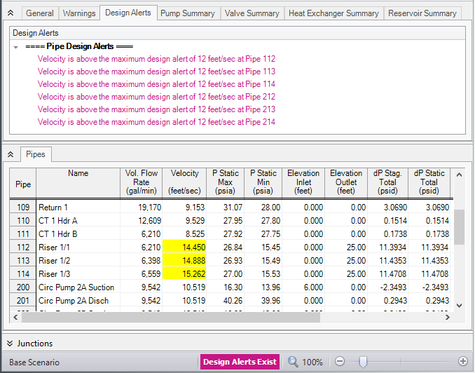 The Warnings tab and Pipes tab of the output window. The Warnings tab shows the design alerts in the model.