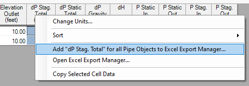 The option to Add "dP Stag. Total" for all Pipe Objects to Excel Export Manager is shown, accessed by right clicking on a cell in the output window.
