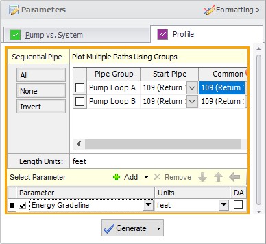 The Profile tab in the Graph Results window. The Plot Multiple Paths Using Groups feature is shown.