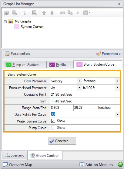 The Slurry System Curve tab in the Graph List Manager.