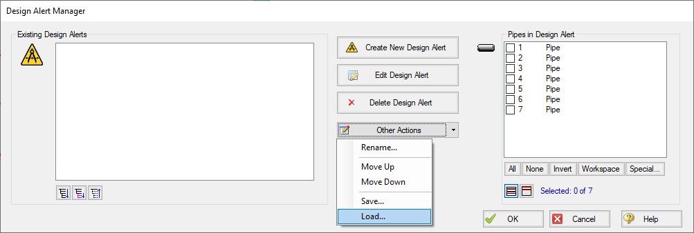 The Design Alert Manager. The Other Actions drop down menu is expanded to show the Load option.