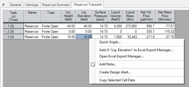 The Quick Graph feature is shown by right clicking a cell in the Reservoir Transient tab in the Output window.