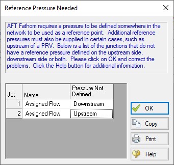 An AFT Fathom error message indicating that no reference  pressure has been given for the system.