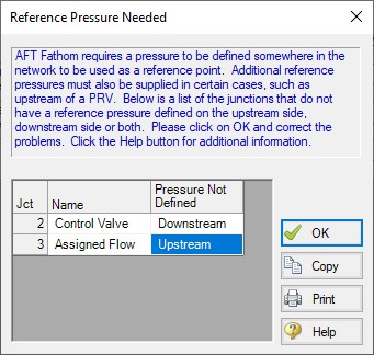 The Reference Pressure Needed window. Pressure is not defined for a control valve and an assigned flow junction.