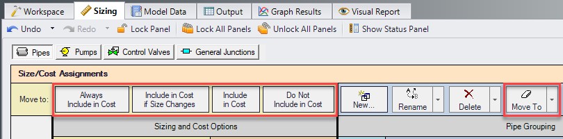 Buttons above the Sizing Assignments panel table that allows selected rows to be changed all at once.