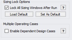 The Sizing Lock Options and Multiple Operating Cases options in the Sizing Objective panel.