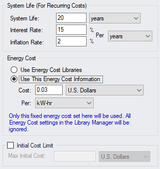 The System Life and Energy Cost settings in the Sizing Objective panel.