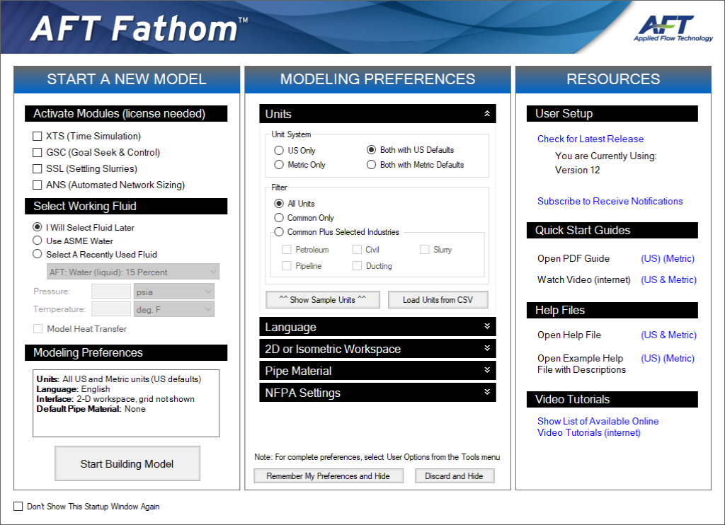 The Startup Window in AFT Fathom showing the modeling preferences.