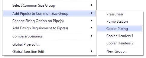 The Add Pipe(s) to Common Size Group options accessed by right clicking on the workspace.