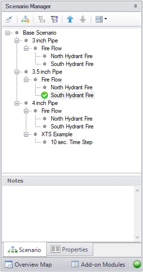 The Scenario Manager Window with different child scenarios defined for 3 inch pipe, 3.5 inch pipe, and 4 inch pipe. 